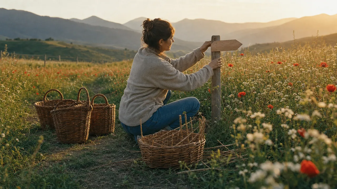 A person turns a blank wooden waymarker beside finished and unfinished woven baskets in a peaceful meadow at golden hour.