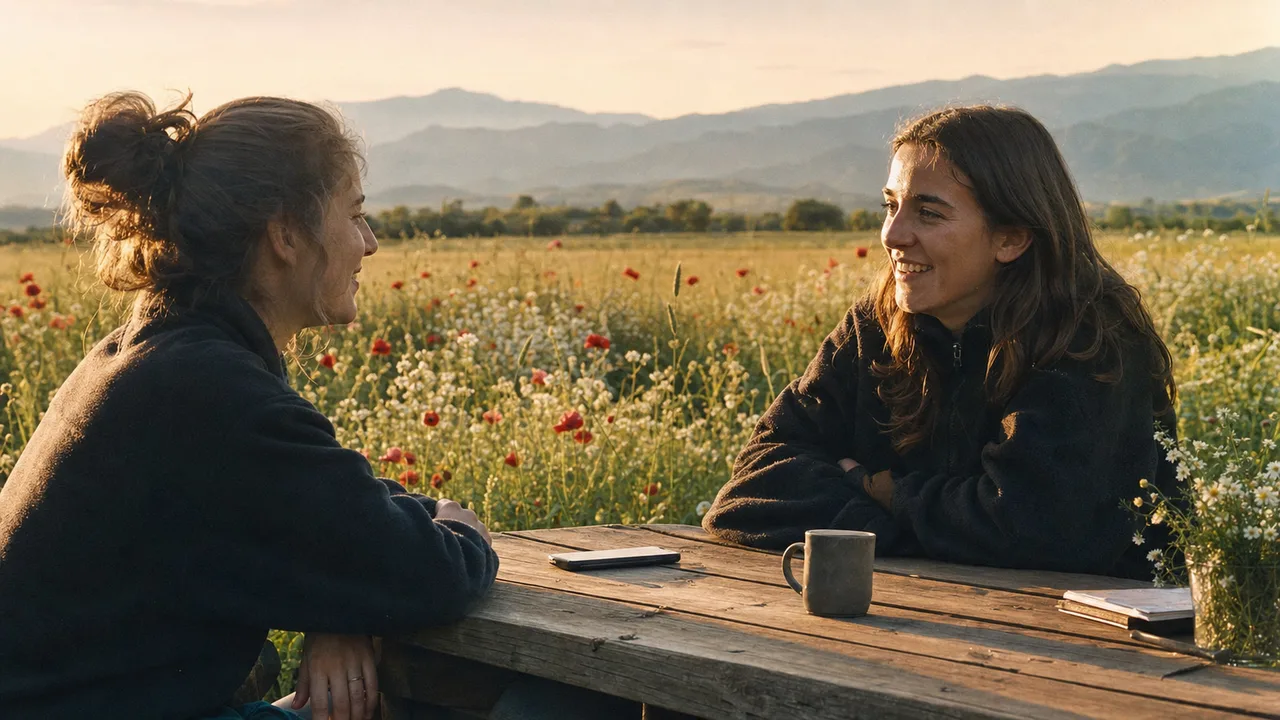 Two friends talk calmly beside a phone on a wooden table in a sunny wildflower meadow.