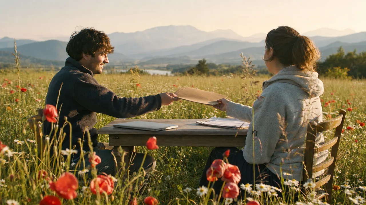 Two people calmly pass a plain folder beside a closed laptop in a peaceful meadow.