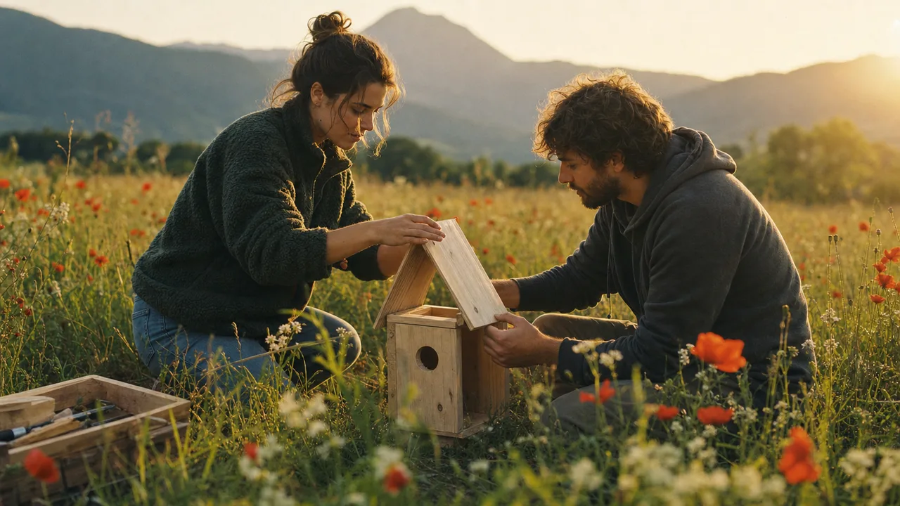 Two people add a roof panel to the same partly built birdhouse in a meadow.