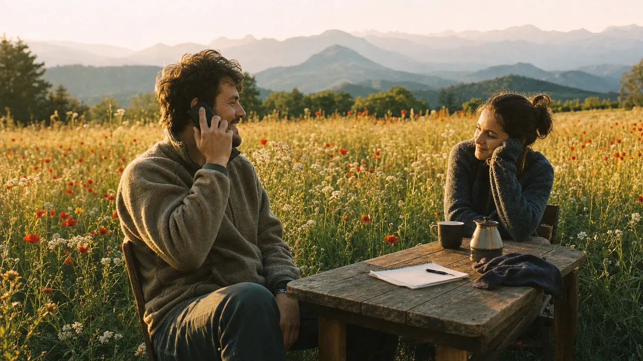 A person talks on a phone in a sunlit meadow while another person sits nearby.