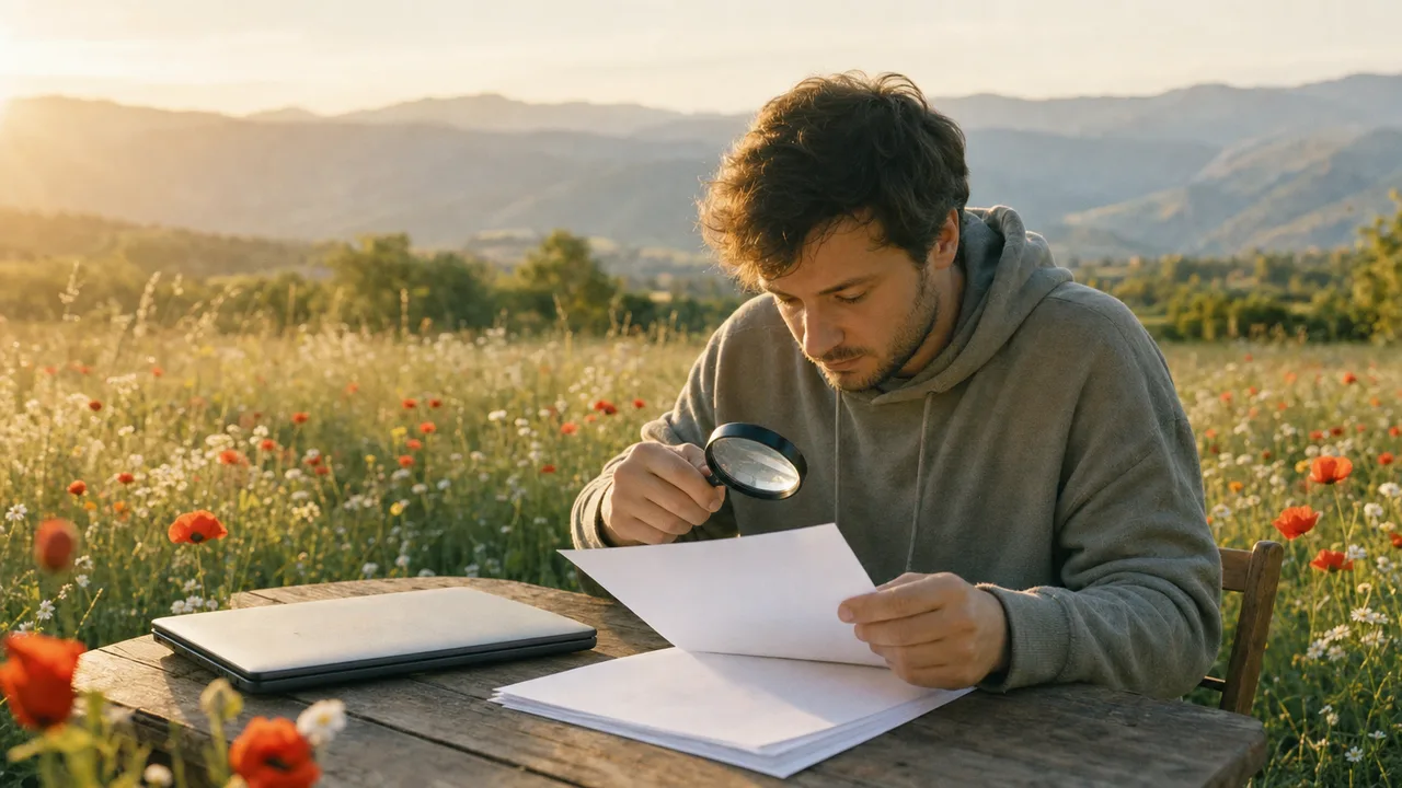 A person uses a magnifying glass to examine blank papers at a wooden table in a peaceful meadow.