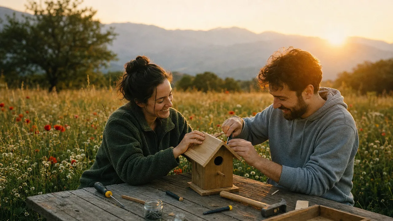 Two people work together to mend a small wooden birdhouse at a table in a wildflower meadow.