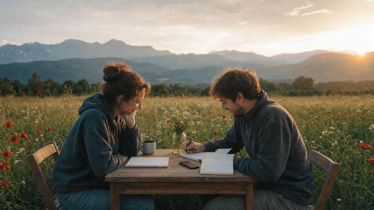 Two people sit together at a wooden table in a wildflower meadow, with a phone resting face down between them.