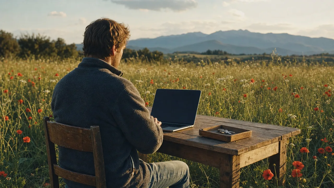 A person calmly works at a laptop in a meadow, with a few keys arranged beside it on a wooden table.