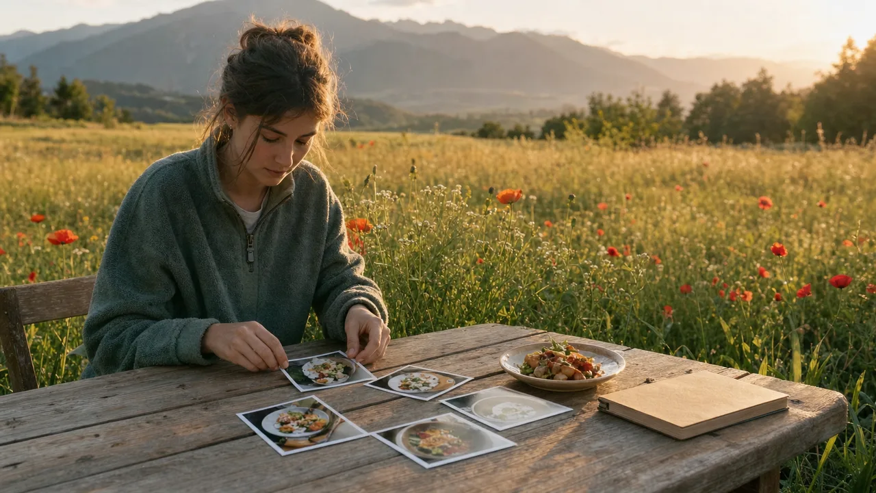 A person arranges several food photographs on a wooden table in a peaceful meadow.