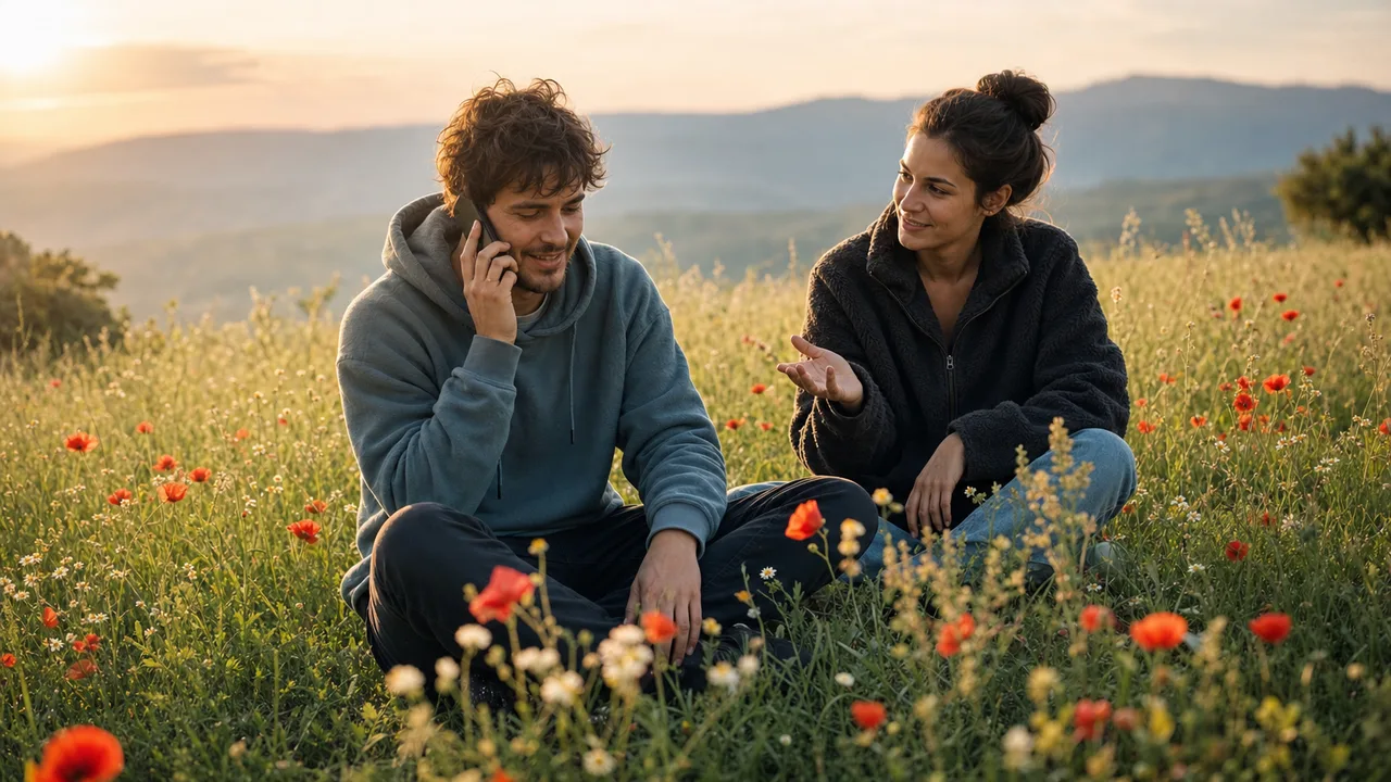 A person takes a phone call while a friend nearby quietly guides them in a wildflower meadow.