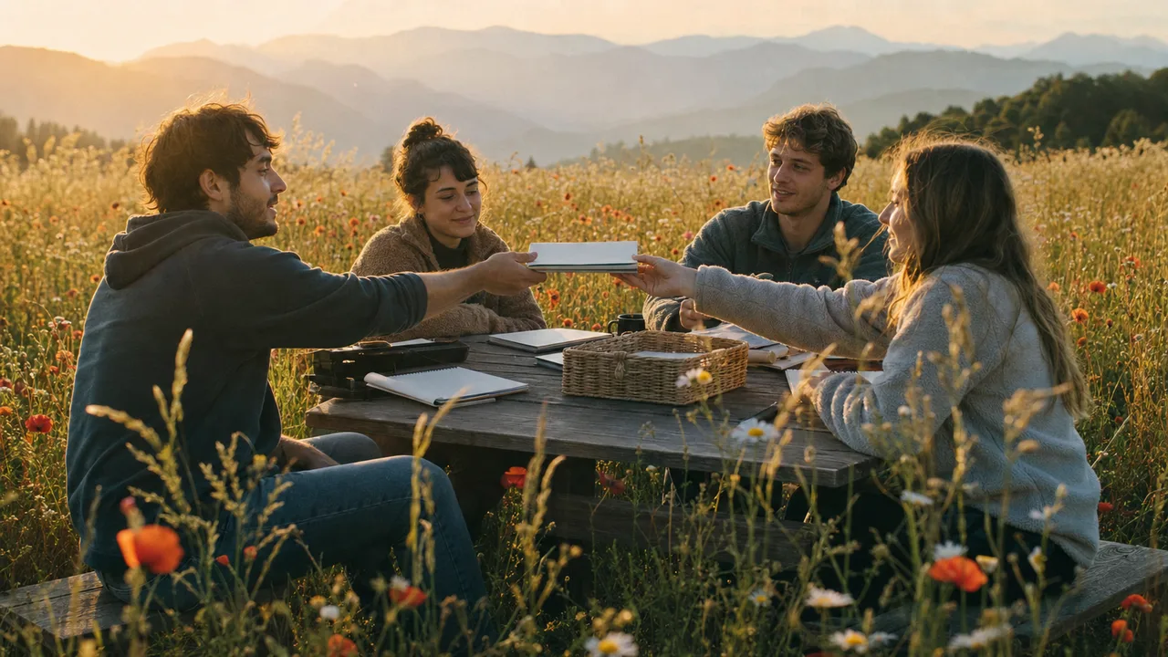 A small group shares blank notebooks around a picnic table in a wildflower meadow.