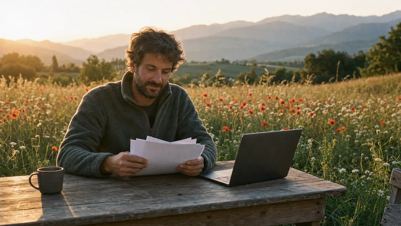 A person calmly reviews blank papers beside a closed laptop at a wooden table in a peaceful meadow.
