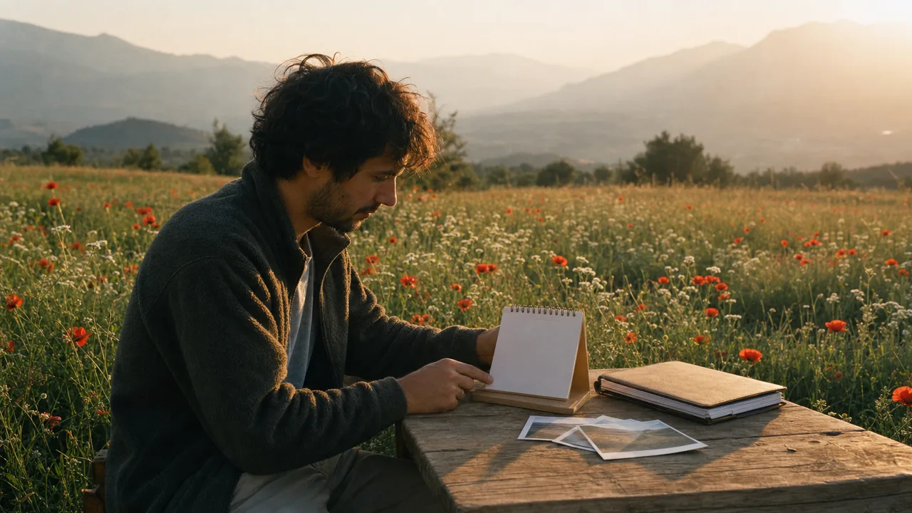 A person arranges a blank calendar, a folder and photographs on a wooden table in a peaceful meadow.