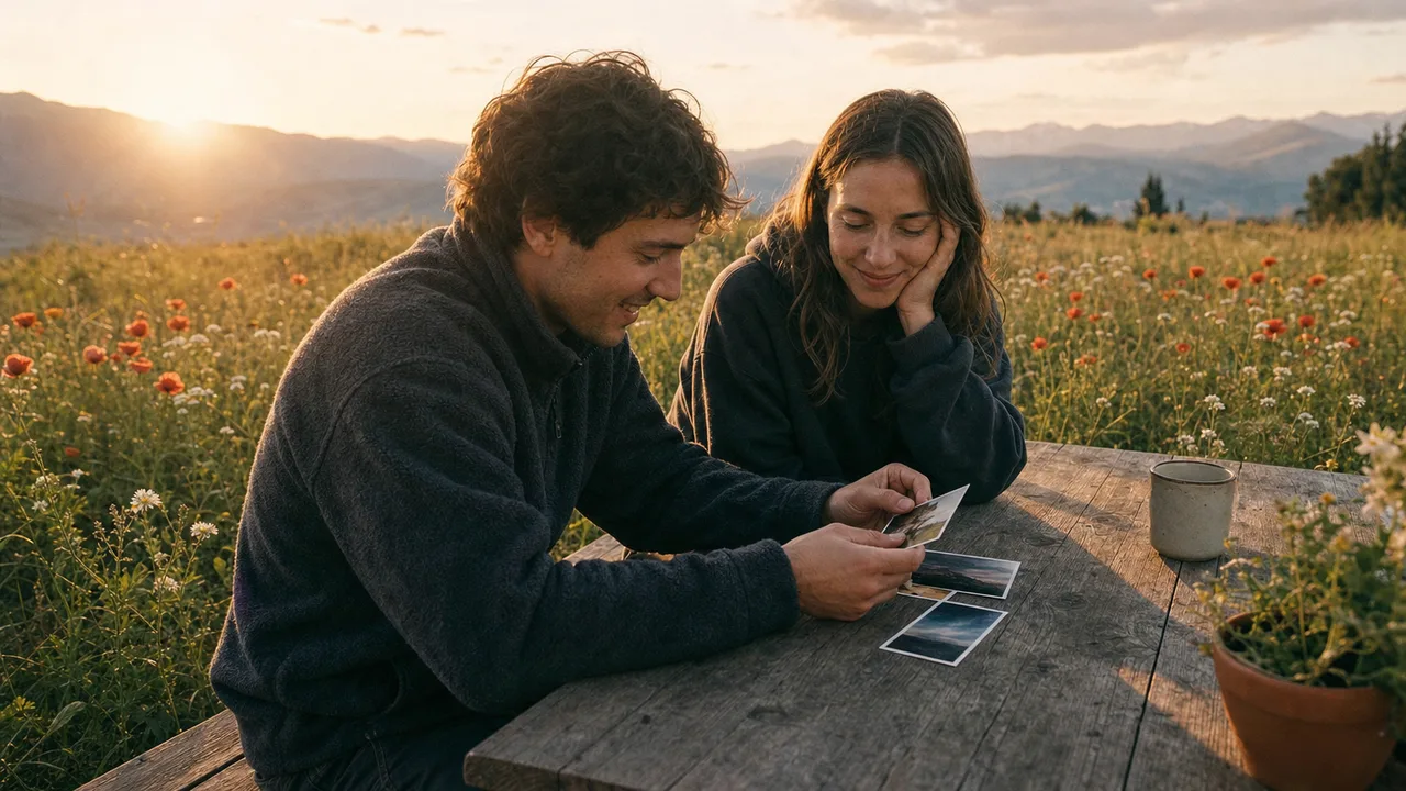 Two people calmly look together at three photographs at a wooden table in a sunlit meadow.