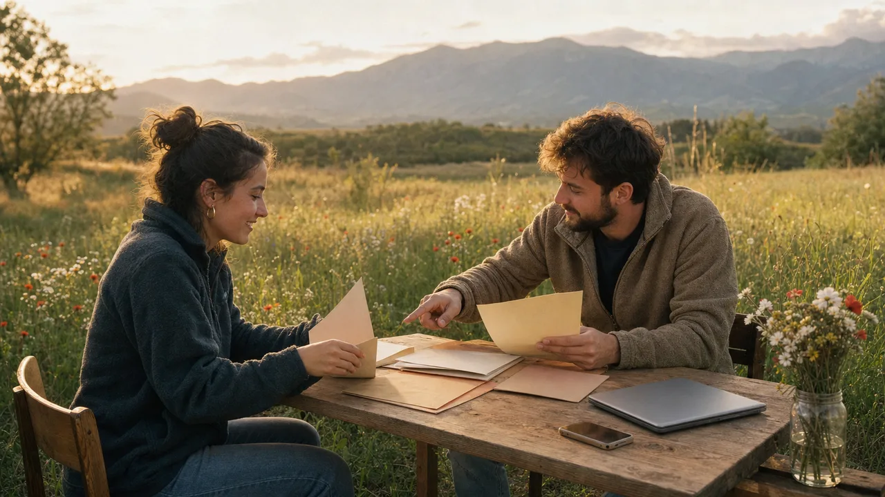 Two people calmly organize separate blank folders together at a wooden table in a peaceful meadow, with a closed laptop and phone nearby.