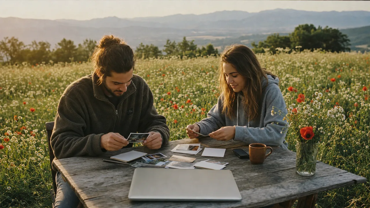 Two people calmly arrange blank cards and photo prints at a wooden table in a wildflower meadow.