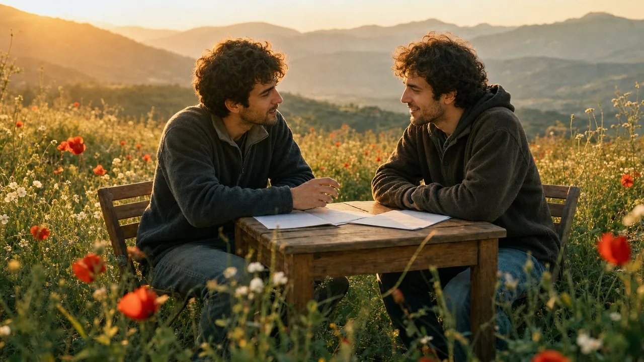 A person talks with a lookalike companion across a small wooden table in a flowered meadow.