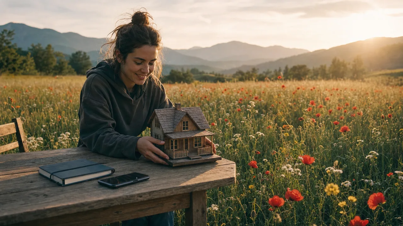 A person sets a handmade model house on a wooden table beside a closed notebook and face-down phone in a meadow.